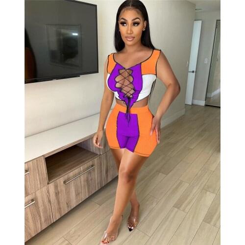Tracksuits Color Patchwork Ribbed 2 Piece Outfits Women Suit Summer Lace-up Crop Tops Biker Shorts Streetwear Sexy 2 Piece Set