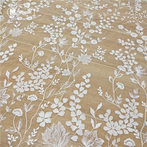 Ivory Whiye Sequined Embroidered Lace Fabric Wedding Dress DIY Accessories RS2498