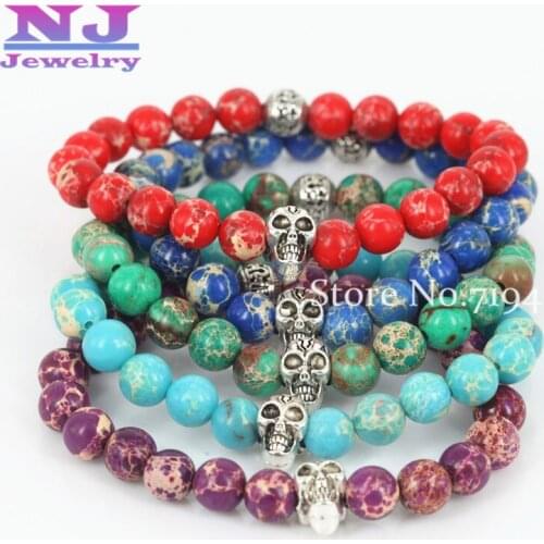 2015 New Design High Grade Jewelry 8mm Sea Sediment Stone Bead with Antique Silver Skull Bracelet for Men and Womens Gift