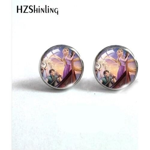 2021 New Fashion Long Hair Tangled Princess Rapunzel Glass Dome Round Stud Earrings Handcraft Stainless Steel Earrings