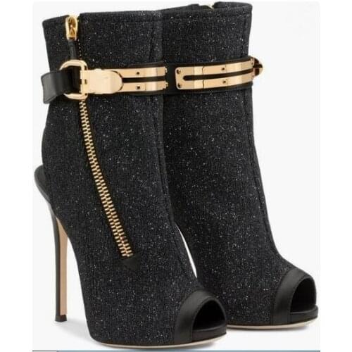 Hot Woman Black Sequins Gold Metal Buckle Peep Toe Ankle Boots Slingback Zipper 120 mm Stiletto Heels Sexy Short Boots Shoes