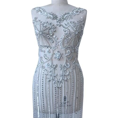 Handmade full body silver rhinestones applique sew on white beads crystal patches for wedding dress accessory