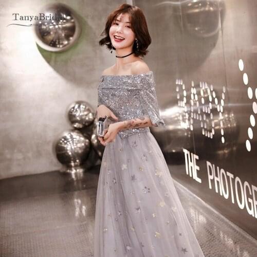 Silver Prom Dresses With Half Sleeves Off The Shoulder Bling Bling Fashion Young Lady Birthday Party Sequin Formal Evening Gown