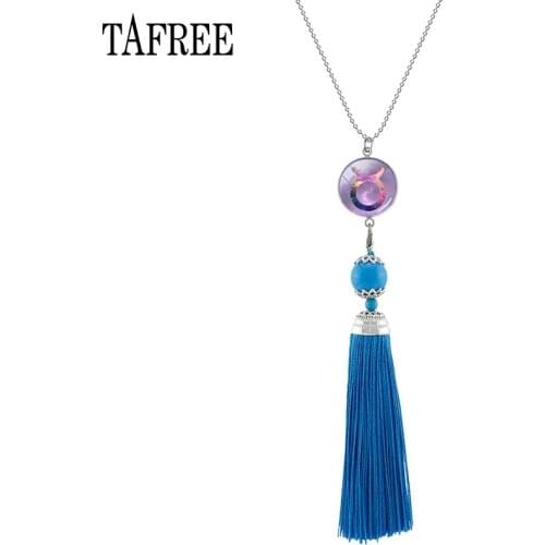TAFREE Bohemia Style 12 Zodiac Virgo Cancer Taurus Gemini Picture Pendants Necklace Charms Tassel Women Statement Jewelry cz02