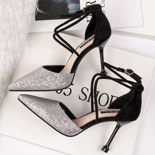 Shoes Woman Crystal Sequined Pointed Womens High Heels Fine with Shallow Mouth Word Buckle Hollow Cross-Strap Luxury Sexy