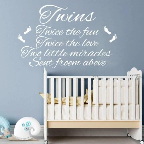 Twins Wall Sticker Nursery Bedroom Twice Fun Love Two Miracles Inspirational Quote Footprint Wall Decal Kids Living Room Vinyl