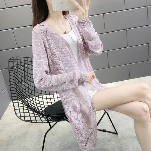 Knitted sweater womens outerwear open shirt medium-length loose jacket long sleeve hollow sunscreen shawl thin jacket