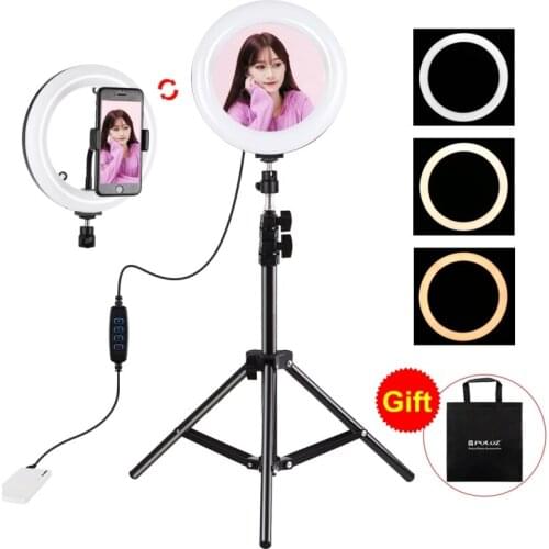 PULUZ 7.9 inch 20cm Mirror Light+ 1.1m Tripod Mount USB 3 Modes Dimmable Dual Color Temperature LED Curved Light