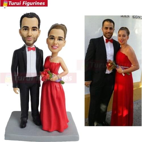 Woman in red dress customized bobblehead figurines miniatures custom action figures couple figurine with custom-made clothing