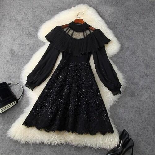 European and American Womens Winter Wear 2020 New Style Long Sleeve Flounce Fashionable Patchwork Lace Dresses