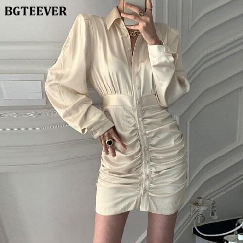 BGTEEVER Stylish Chic Turn-down Collar Ruched Women Satin Dress Summer Elegant Single-breasted Female Bodycon Mini Dress 2021