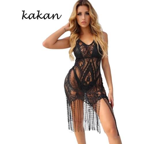 Kakan new womens sexy perspective lace V-neck dress long tassel beach dress white black dress