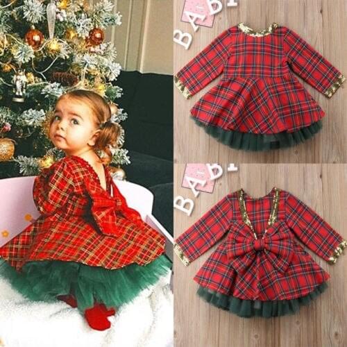 Christmas Baby Girls Party Dress Cute Pretty Toddler 1-6Y Long Sleeve Ruffles Plaid Knee-Length A-Line Red Dress Autumn Clothes