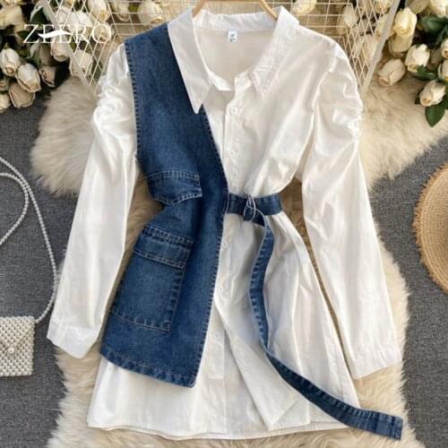 2021 Korean Spring Summer Clothing Women Vintage Slim Dresses Womens Lapel Long Slevee Shirt Dress + Irregular Denim Vest Suit