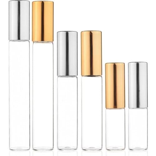 50pcs/lot 3ml 5ml 10ml Clear Perfume Roll on Bottle with Metal Ball Roller Essential Oil Vials Thin Glass Mini Sample Test Tube