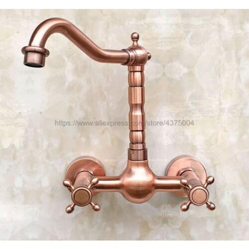 Antique Red Copper Bathroom Basin Faucet Wall Mounted Double Handle Swivel Spout Hot and Cold Mixer Faucet Nrg031