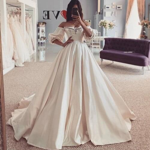 Champagne Pink Satin Wedding Dress 2021 Real Puff Sleeve Bridal Dresses Vintage Princess Wedding Gowns Crystals Lace up Back