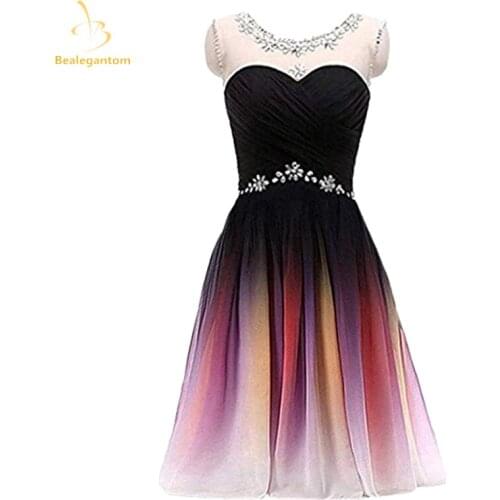 Bealegantom Scoop Short Gradient Chiffon Prom Dresses 2021 Ombre Beads Homecoming Party Gowns Vestido Robe De Soiree QA1619