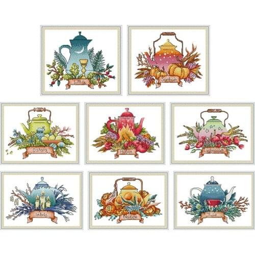 Teapot Series DIY Needlework Counted Cross Stitch Kits 11CT White Cloth 14CT Printed Canvas Cross for Embroidery Kits Crafts