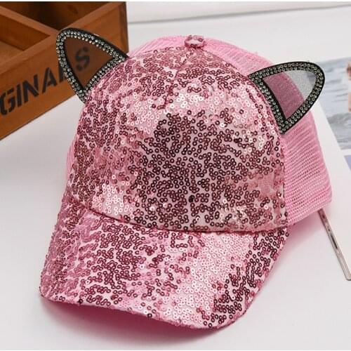 2-6 years Bling Sequin Child Mesh Baseball Cap with Ears Cute Snapback Cap for Kid Summer Gold Pink White Black