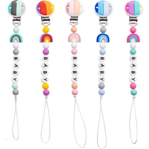 Baby Pacifier Chain Personalized Name Handmade Rainbow Silicone Pacifier Chains Teething Beads Newborn Shower Gift