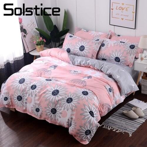 Solstice Home Textile Girls Teen Adult Woman Bedding Set Pink Gray Flower Duvet Cover Flat Sheet Pillowcase Bed Linens King Full