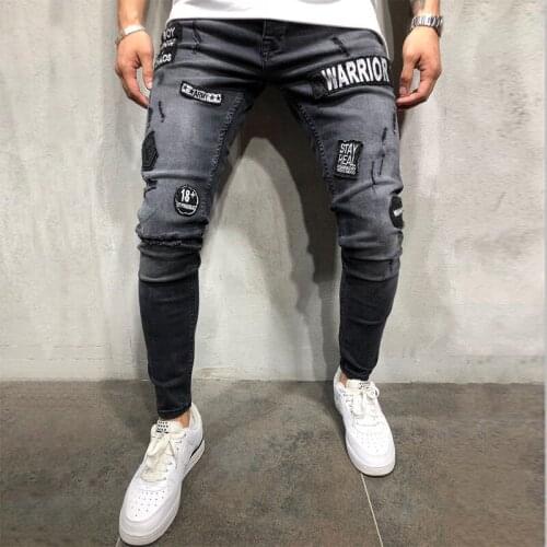 Men Streetwear Destroyed Patch Stretch Denim Joggers Pants Male Badge Embroidery Knee Holes Hip Hop Ripped Skinny Biker Jeans
