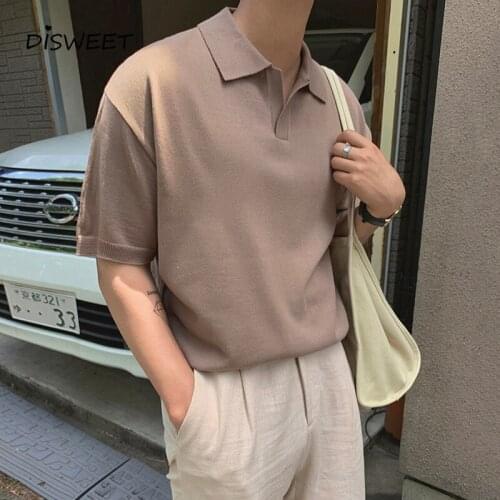 Korean Knitted Lapel T-shirt Men Fashionable Solid Loose Summer Tees Mens Casual Slim-fit Khaki Boy Top 2020