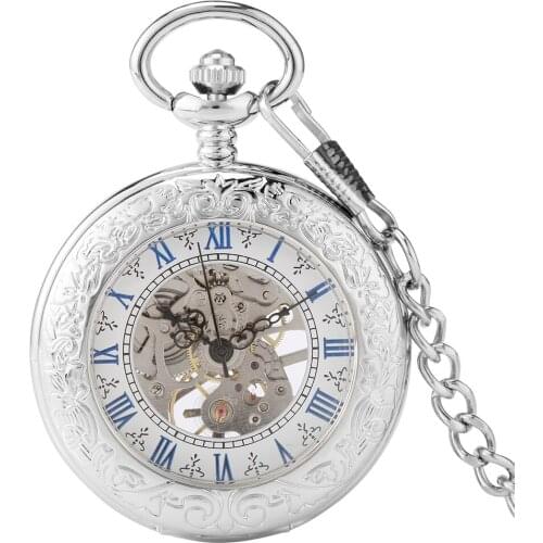 Fashion Blue Skeleton Exquisite Pendant Men Hand-winding Silver Mechanical Pocket Watch Premium Alloy Jewelry Wrist Chain Watch