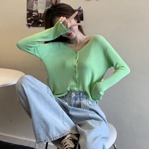 Fashion Solid Long Sleeve Knit Cardigan Womens Autumn Sunscreen Slim V-neck Casual Shirt Crop Tops Single Breasted Street