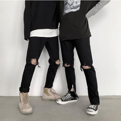 Male Fashions High Waist Distressed Jeans Men Hip Hop Black Ripped Jeans 2021 Male Korean Streetwear Skinny Denim Pants