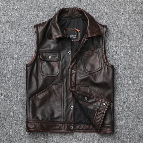 Mens Biker Vintage Motorcycle Brown Real Leather Vest High Quality Genuine Leather Waistcoat Cowhide Sleeveless Jacket
