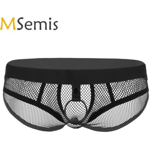 Lingerie Underwear for Gay Mens Fishnet Briefs Sissy See Through Low Rise Bulge Pouch Bikini with Metal O-ring Exotic Panties