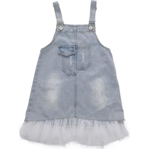 2021 Summer New Mesh Patchwork Girls Suspender Dress Fashion Kids and Teen Girls Denim Jumper Dress Cute Baby Girls Dress