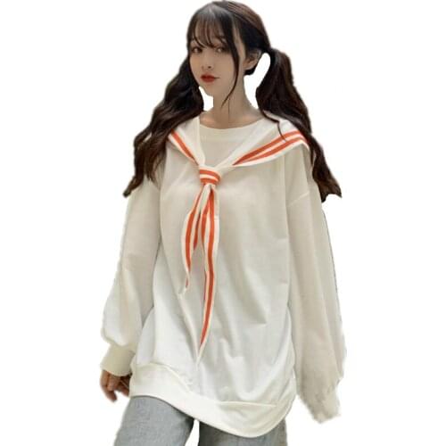 Autumn Kawaii Hoodies Women Sailor Collar Bowknot Tie Sweatshirt JK Style Oversized Long Sleeve Pullover Tops Daily Clothes
