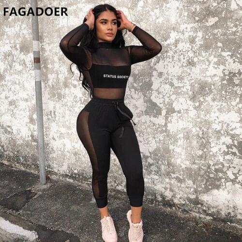 FAGADOER Sexy Sheer Mesh Two Piece Set Women Long Sleeve Top And Bodycon Pants Outfits Autumn Nigthclub Party 2pcs Matching Suit