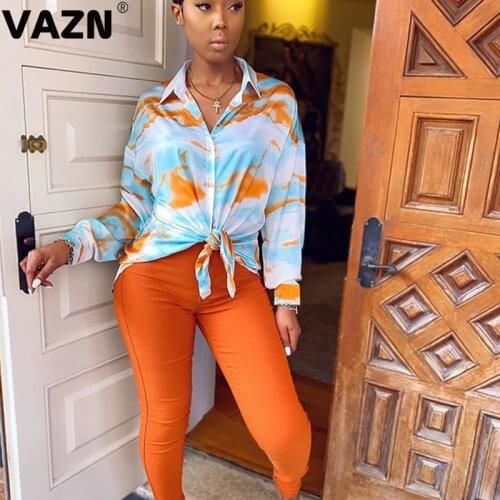 VAZN Hot sale 2020 summer sexy lady colors print T shirt full sleeve singer breasted fly knotted T shirt young girl casual tees