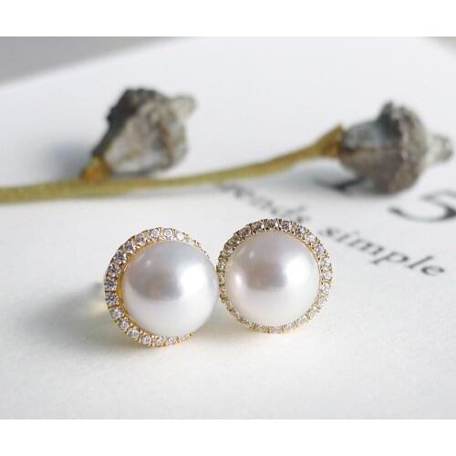 8-8.5mm Gorgeous White Real Akoya Pearl Halo Stud Earrings 14K Solid Yellow Gold