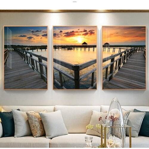Nordic Sunset Sea Bridge Canvas Painting Landscape Posters and Prints Modern Wall Art Pictrues for Living Room Home Decoration