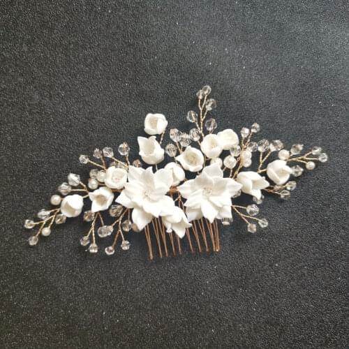 SLBRIDAL Handmade Crystal Rhinestone Simulated Pearls Ceramic Flower Bridal Wedding Hair Comb Hair Pins Stickers Women Jewelry