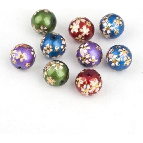 Glass Japan Painting Vintage Japanese Tensha Beads Round Coffee & Pale Lilac Rose Flower Pattern Transparent 12mm 5 PCs
