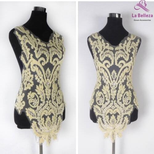 La Belleza Light beige beaded beautiful large piece handmade pearls crystal Rhinestone patch wedding dress applique accessories