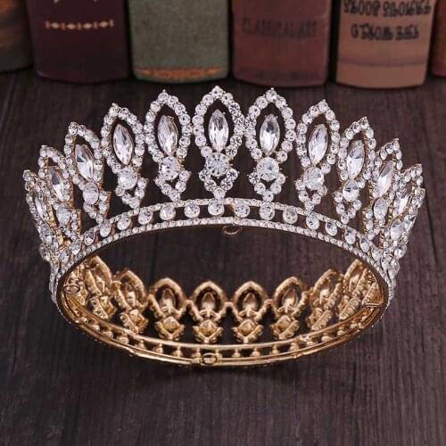 High Fashion Full Round Baroque Gold Blue Crystal Royal Princess Queen Diadem Tiaras Crowns for Bridal Bride Wedding Party