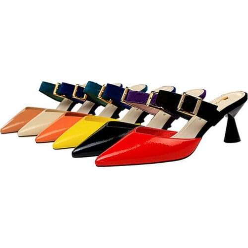 Ladies PU Leather Shallow Pumps Red Yellow Color Pointed Toe Thin Heels Fashion Women Party Wedding Sandals