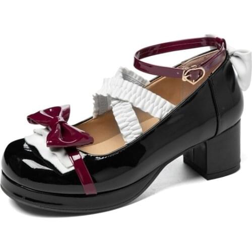 Womens Mary Jane Bowknot Lolita Block High Heel Pumps Chunky Shoes Sweet Match Colors Patent leather Plus Size 34-48 New 2021