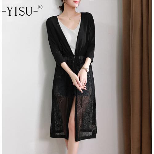 YISU New Women Long section Cardigan Solid color Hollow out V-Neck Middle sleeve Coat Short sleeve Casual Female Transparent Top