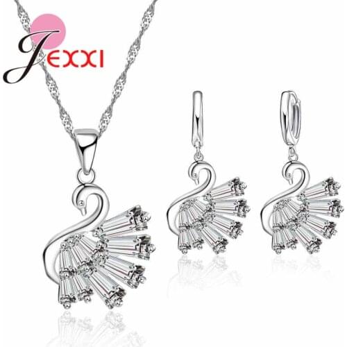 Charming Girls Swan Pattern Shiny Zircon Rhinestone Woman 925 Sterling Silver Jewelry Set Necklace Earrings Bijoux