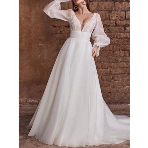A-Line Long Sleeve Wedding Dress With Train V-Neck Backless Women Bridal Gowns Lace Appliques Elegant платье свадебное платье