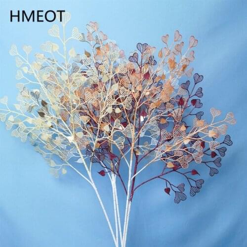 Golden Flower Hollow Heart-Shaped Leaf Artificial Plants DIY Wedding Bouquet Flower Arrangement Material Home Decor Photo Props