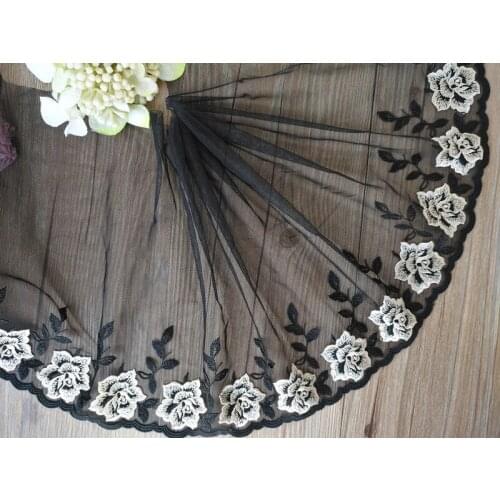1Yard Black Mesh Tulle Rose Flowers Embroidered Lace Trim 25cm Width Fabrics For Bra Lingerie Underwear Womens Dress 25cm Wide